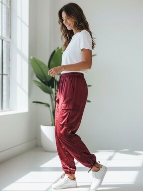 City Chic Satin Cargo Joggers in Burgundy